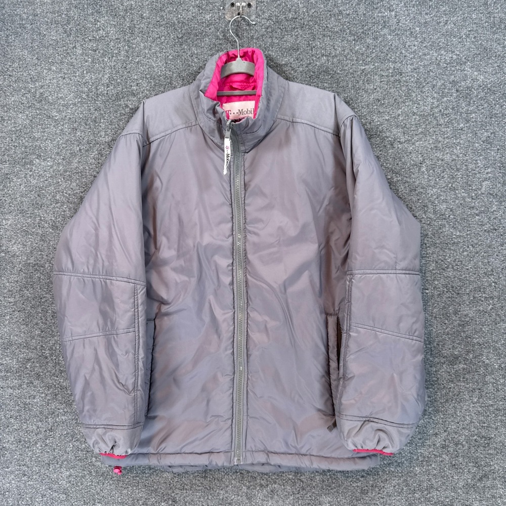 T-Mobile Puffer Jacket Mens Medium Gray Pink Lining Insulated Full Zip Coat